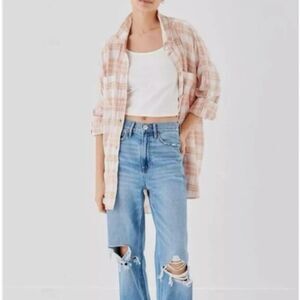 AE Oversized Plaid Linen Blend Button Up Shirt Rolled Sleeve Casual Top Sz XS